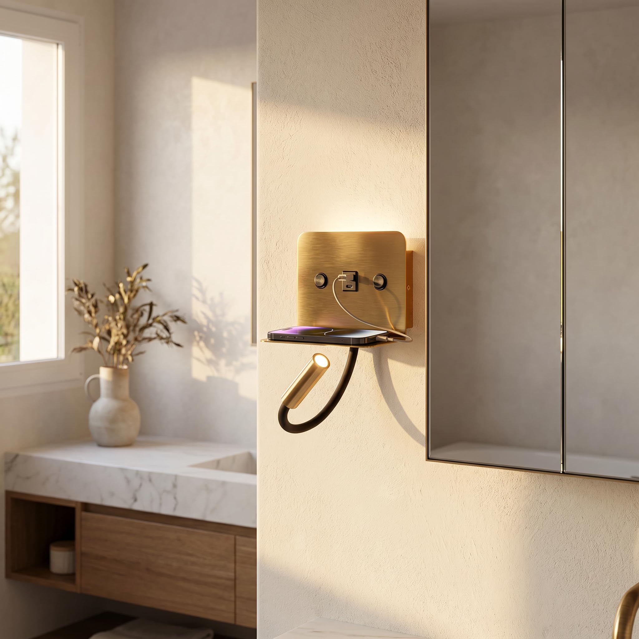 BARCELONA LED Applique Murale LED de Lecture SLANGE 2 Doré 3W+6W USB USB-C Lampe Chevet avec Étagère, Double Éclairage Indépendant, Lumière Chaude 3000K, Bras Flexo Orientable