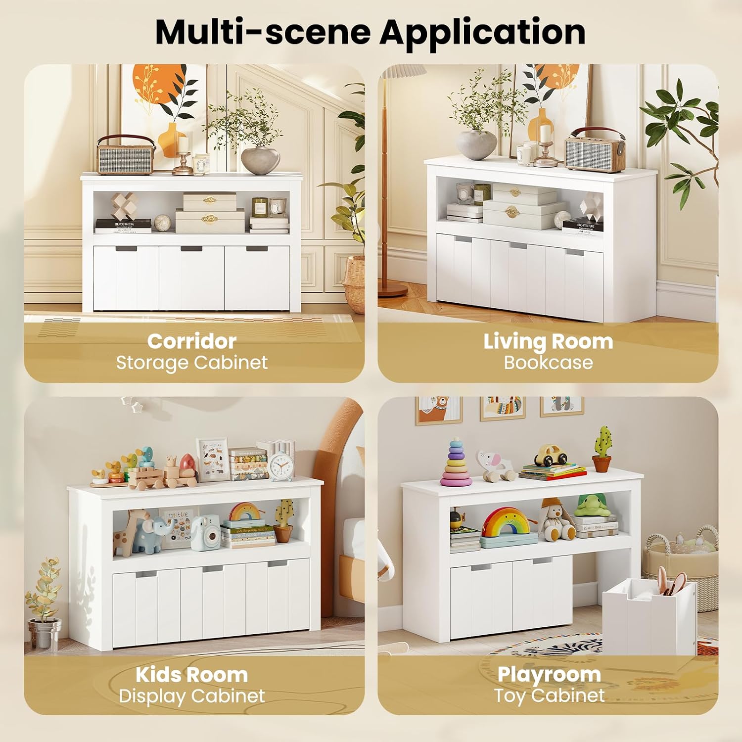 KOTEK Toy Storage Cabinet, 24.5" Kids Bookcase, Boys and Girls Toy Box with Wheels, Open Shelf & 3 Movable Drawers, Kids Storage Organizer for Living Room, Playroom, Nursery (White)
