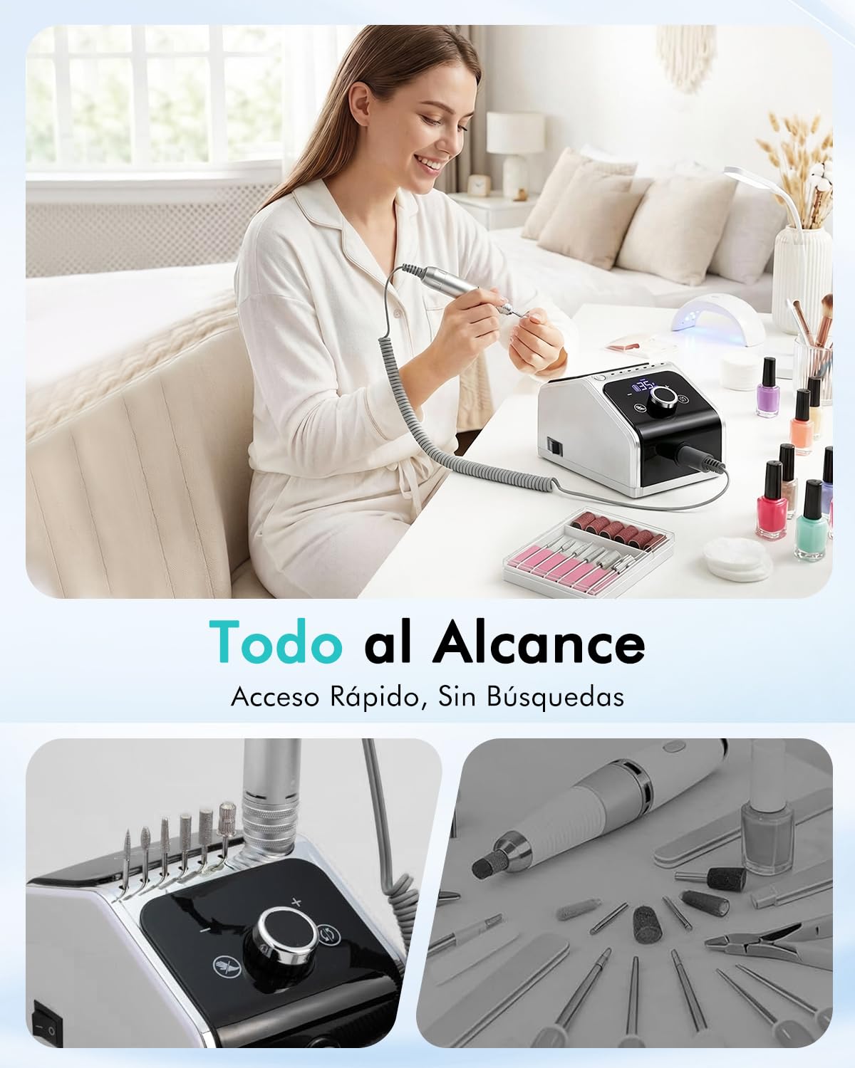 CozyZen Máquina de Taladro de Uñas Eléctrico Profesional, 35000 RPM con Pantalla LCD, Control Manual/De Pedal y Funcionamiento Silencioso, para Uñas Acrílicas/Gel - Uso en Hogar y Salón（Blanco）
