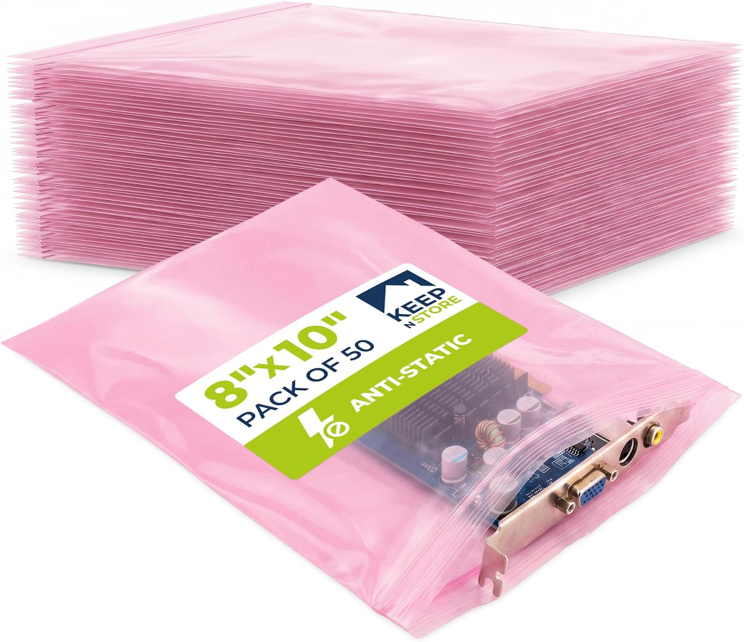 8" x 10" Pink Anti-Static Resealable Poly Bags, Pack of 50 - ESD Safe 4 Mil Plastic Bags for Electronics & Computer Parts, Industrial Anti-Static Packaging, Double-Track Zip Seal