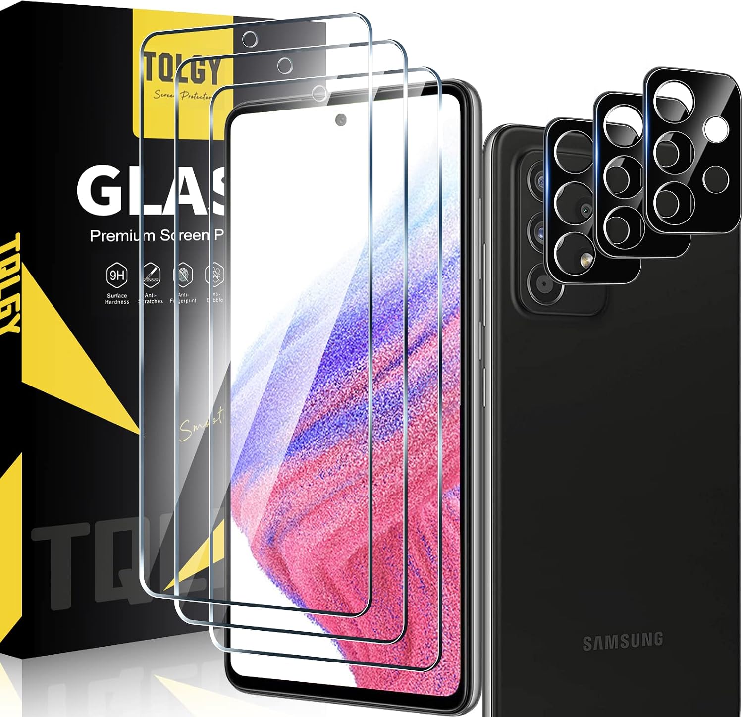 TQLGY 3 Pack Screen Protector for Samsung Galaxy A53 5G with 3 Pack Camera Lens Protector, Tempered Glass Film, 9H Hardness - HD - Bubble Free - Anti-Scratch - Easy Installation