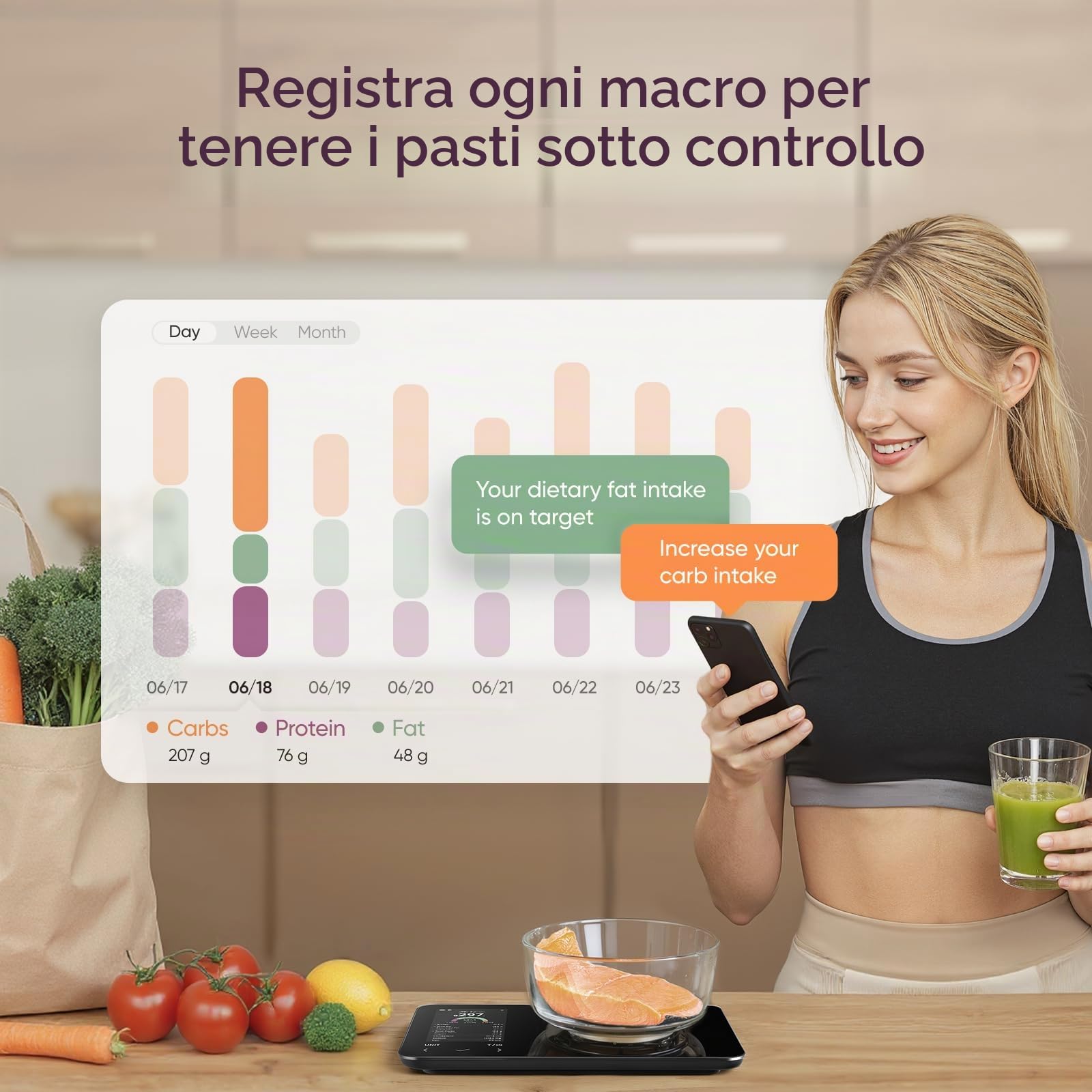 COSORI Bilancia digitale intelligente da cucina con calcolatrice nutrizionale, informazioni nutrizionali su schermo, app gratuita per il monitoraggio delle calorie e delle macro, scansione AI