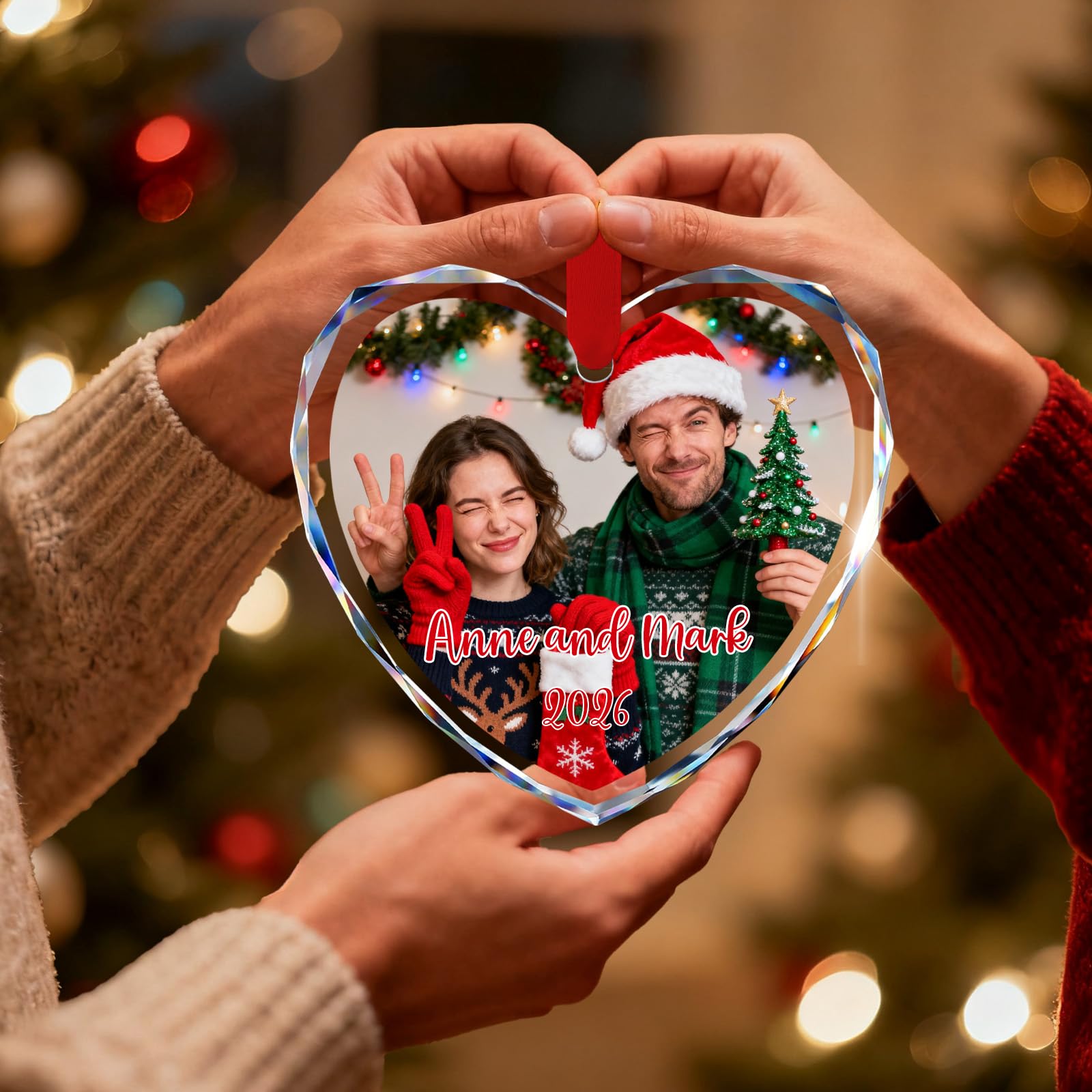 Personalised Crystal Christmas Ornaments, Custom Photo/Text/Name Crystal Glass Keepsake for Christmas, Weddings, Couple Family Pet Bridal (Heart Shape Photo Version)