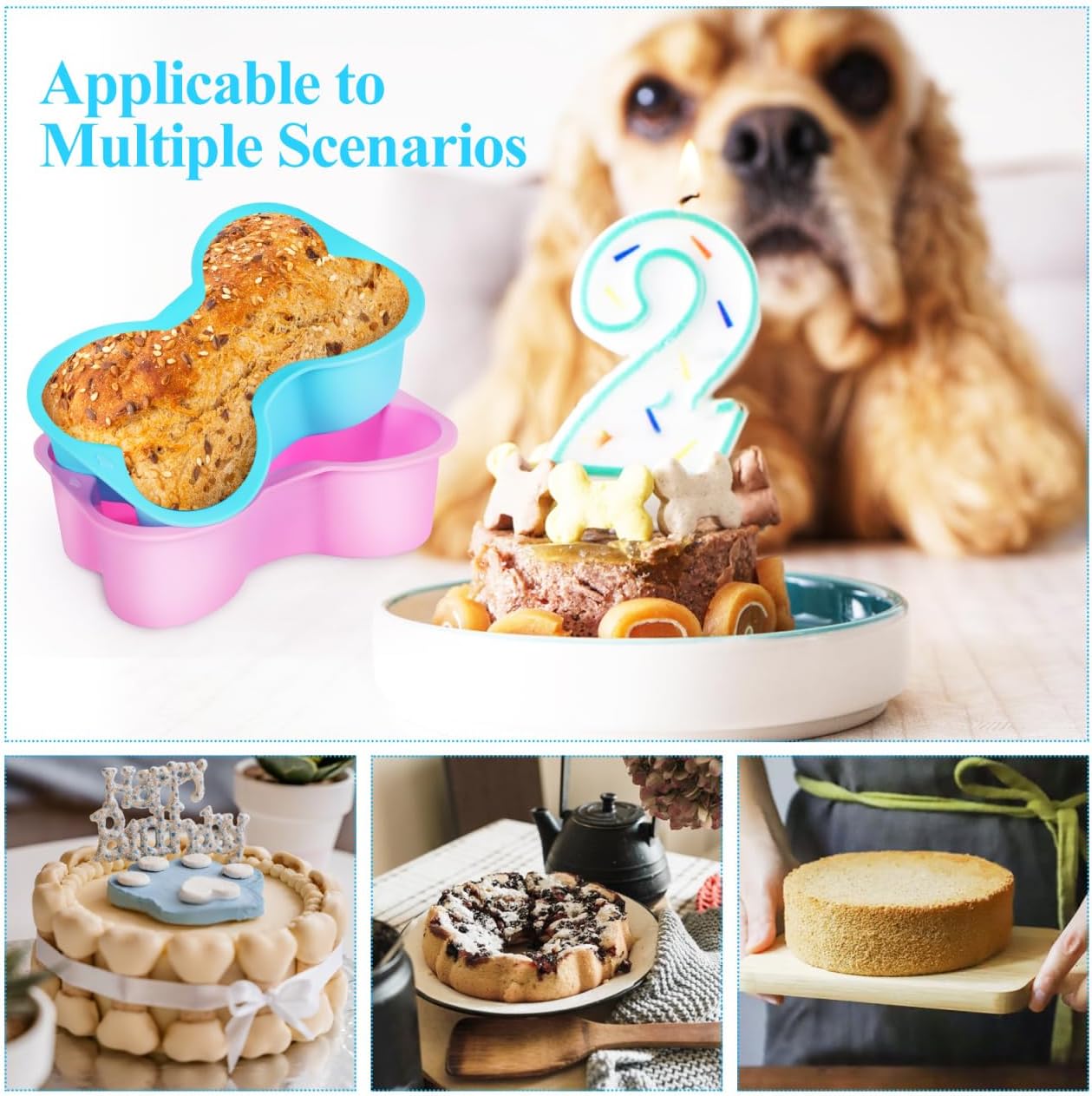 Hemoton Silicone Dog Bone Cake Mold Set 2 Pcs Nonstick Mini Dog Bone Shaped Baking Pans for Birthday Parties and Pet Treats 2X4.45 Inch