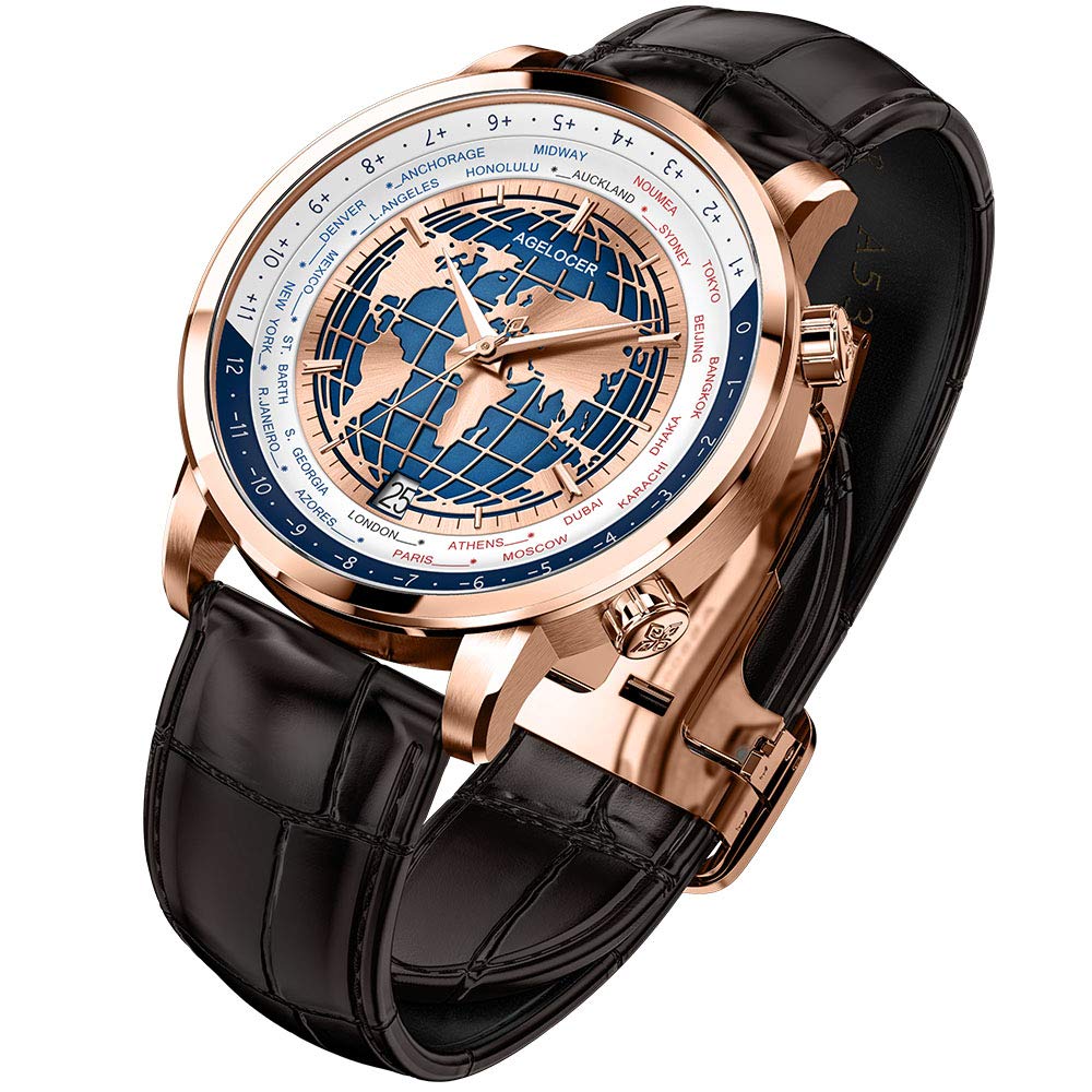 agelocer Orologio da uomo con quadrante con diamanti originali e quadrante blu, con calendario meccanico, alla moda