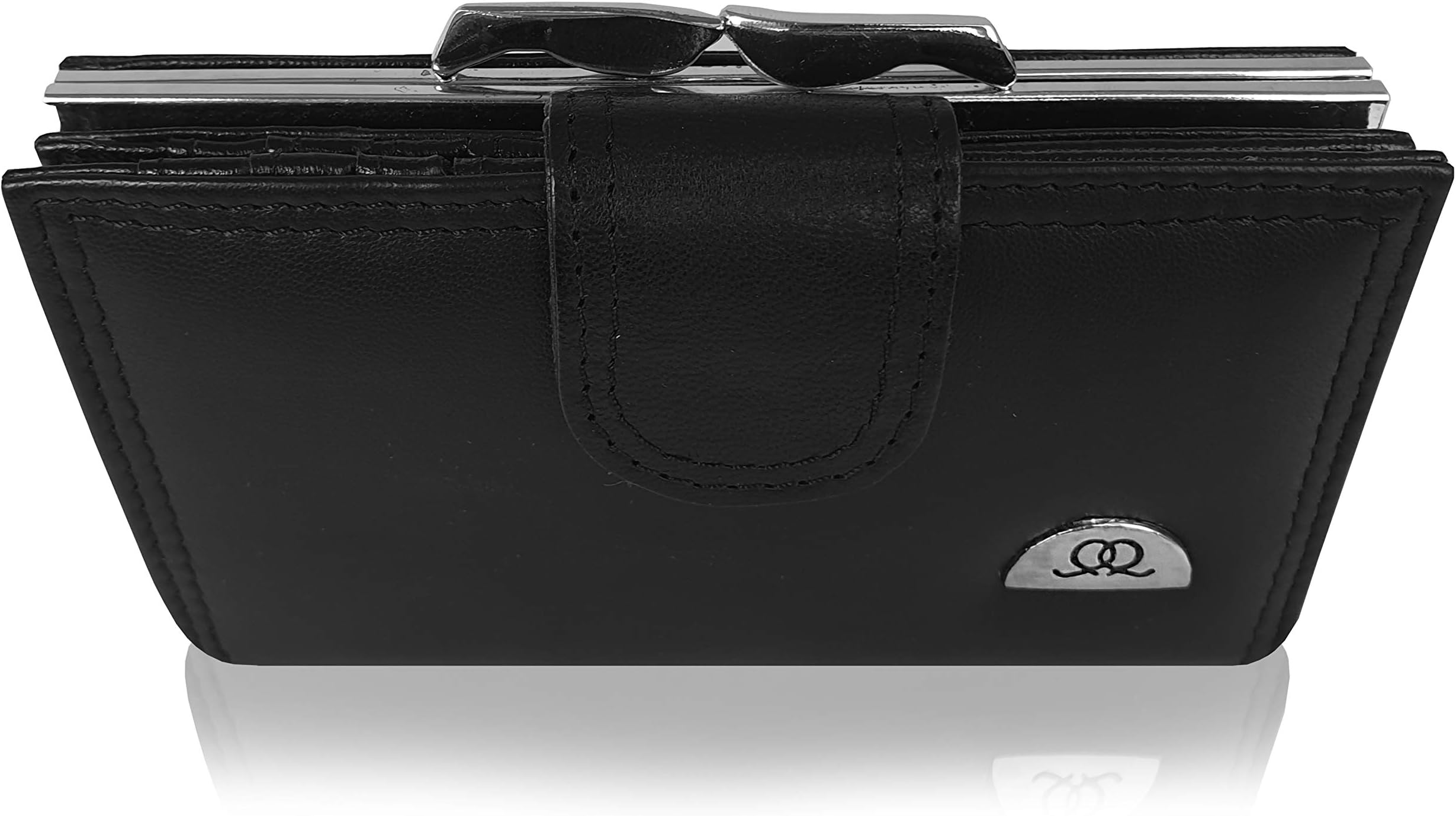 Quenchy LondonLadies Designer Leather Purse - RFID & NFC Blocking 8 Credit Card Protected Spaces with Button Closure - Large Metal Clasped Coin Section - 14x9x2.5cm - QL439KX (Black Gift Boxed)