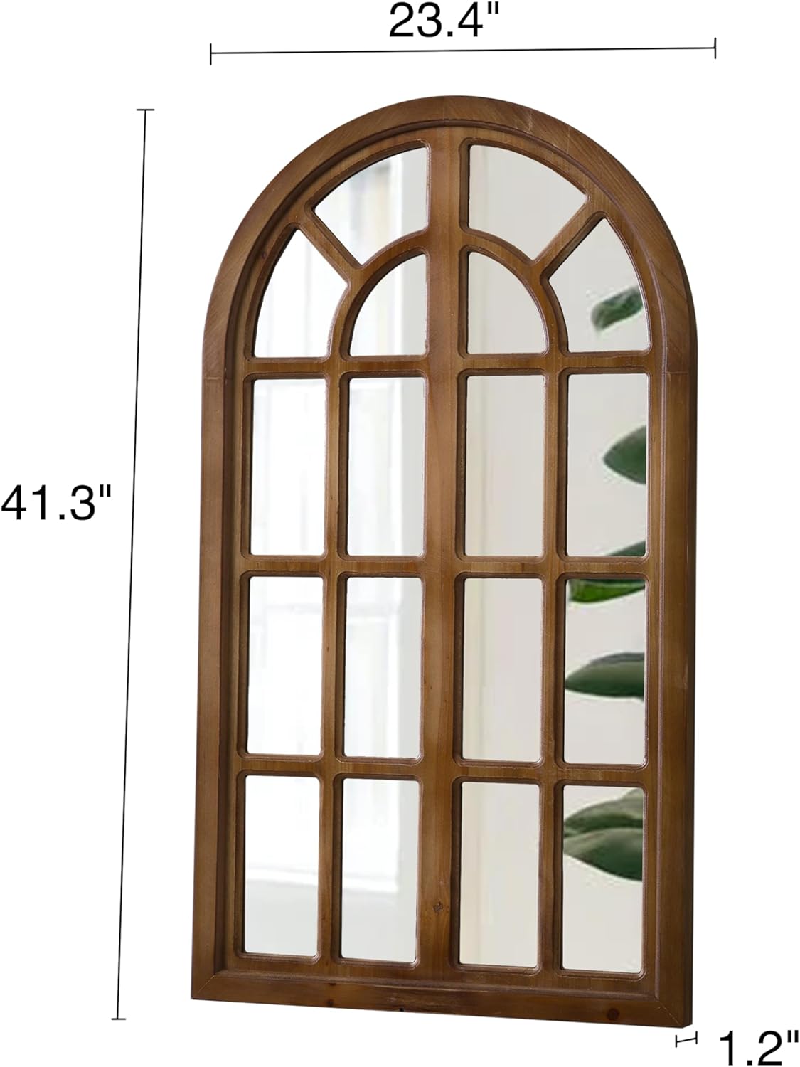 Farmhouse Wooden Arched Window Mirror Wall Decor 41 X 23 Inch, Hanging Burning Finished Decorative Pane Mirror, Vintage for Living Room Entryway Hallway Bedroom