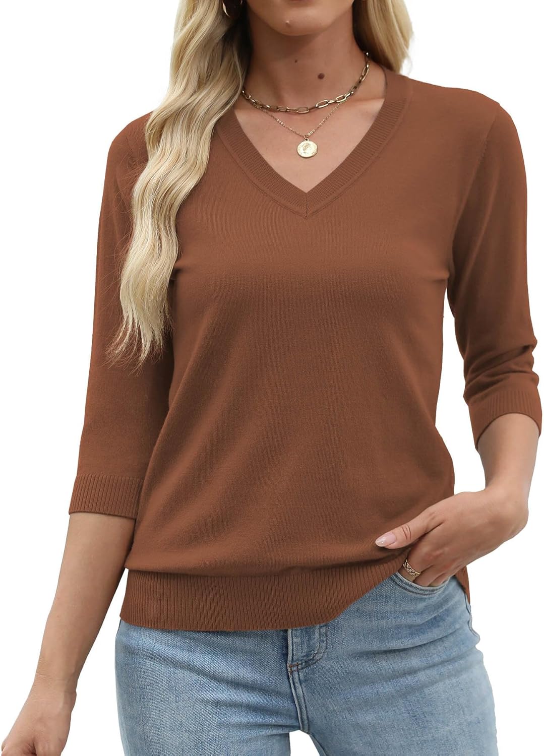 JomeDesign Womens Sweaters 3/4 Sleeve Pullover Tops V Neck Blouses Business Casual Fashion Clothes - Image 2
