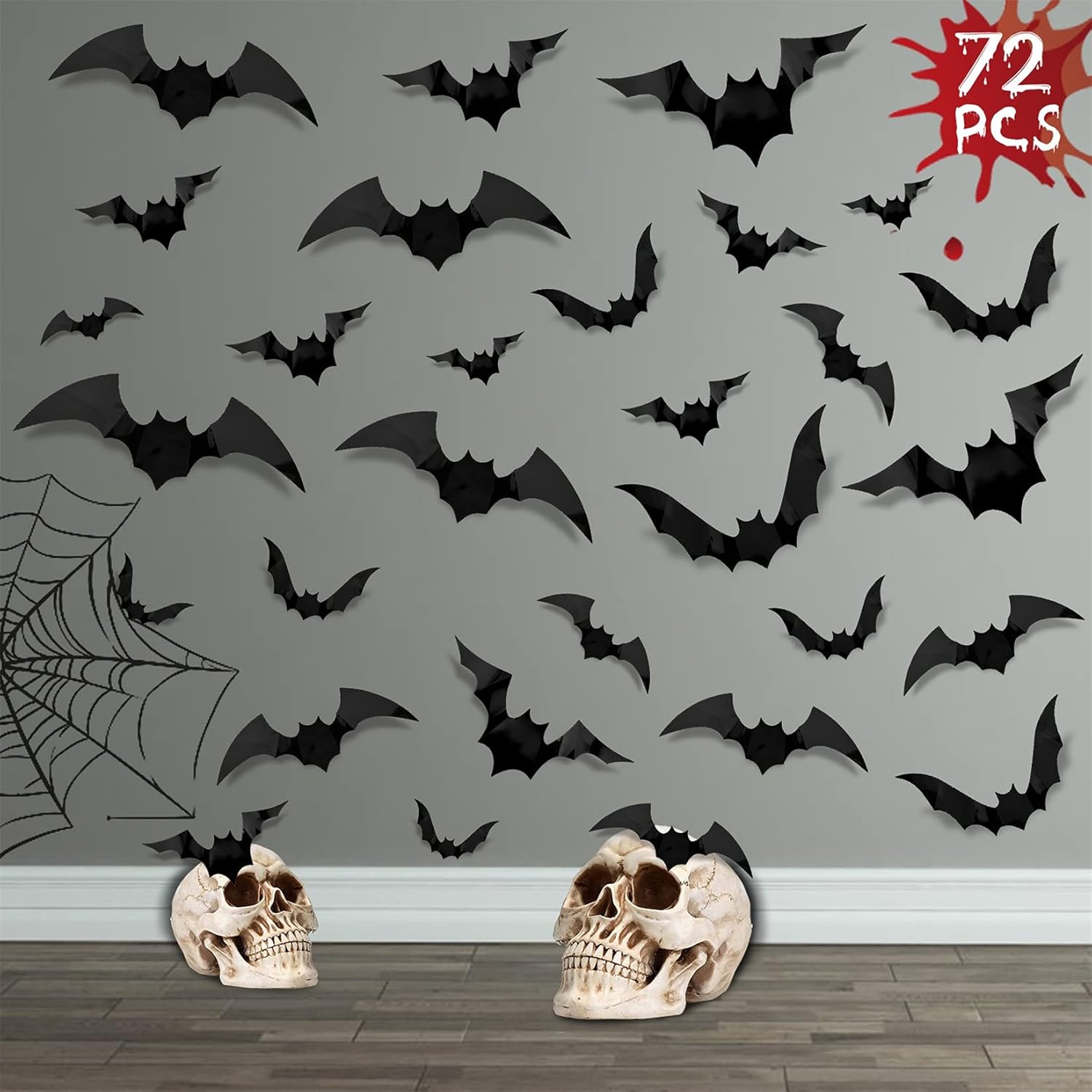 Hocis 72 Pcs 12 Sizes Halloween 3D Bats Decorations Wall Decal Wall Sticker for Home,Scary PVC Bats for Hallowmas Party Supplies,Removable DIY Window Clings for Halloween Eve Home Decor Indoor|Outdoor