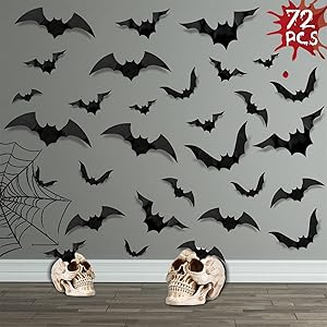 Hocis 72 Pcs 12 Sizes Halloween 3D Bats Decorations Wall Decal Wall Sticker for Home,Scary PVC Bats for Hallowmas Party Supplies,Removable DIY Window Clings for Halloween Eve Home Decor Indoor|Outdoor