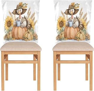 ALAZA Chair Back Covers for Dining Chairs,Thanksgiving Turkey Pumpkin Sunflower Parson Chair Slipcovers Set of 2 Washable Kitchen Dining Room Back Chair Protector for Holiday Party Wedding