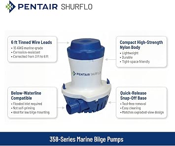 PENTAIR SHURFLO 358-000-10 Bilge Pump, 1500 GPH, Submersible Marine Pump, Nylon Housing, Water-Cooled Motor, Ignition Protected, Swivel Base, 12VDC, 8 AMPS Max, ISO & CE Certified