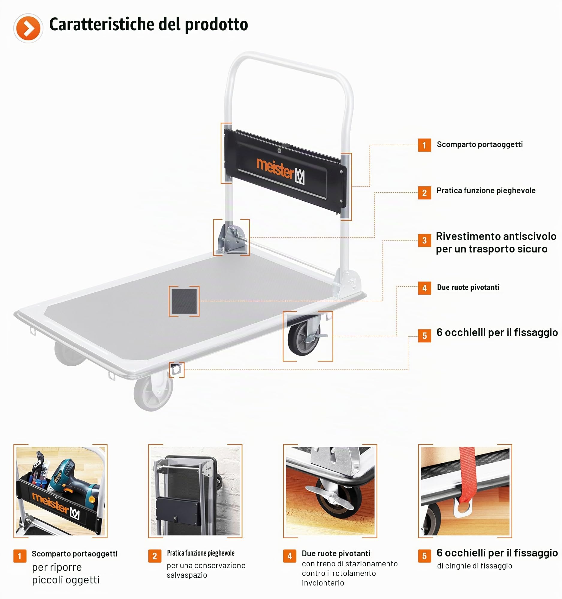 Meister Piattaforma pieghevole - Portata 300 kg - Freno stazionamento / Carrello trasporto ruote girevoli / Pacchi antiscivolo / Carrello pieghevole acciaio / 8985540