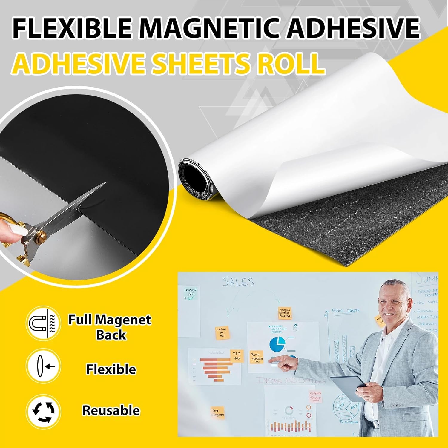 Relaxweex 12 Inch x 10 ft x 30mil Extra Large Adhesive Magnetic Sheet Roll Not Printable Adhesive Backing Cut and Customize Flexible Sheets Blank White Surface Magnetic Sign for Craft Photo Craft