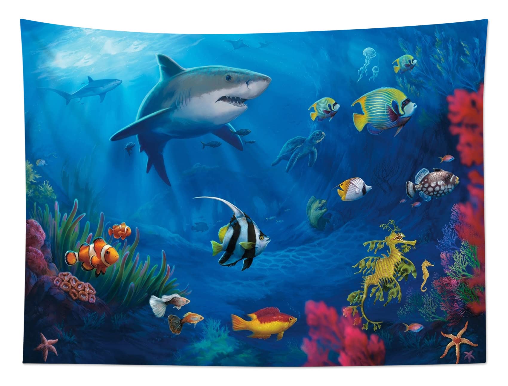 HVEST Blue Ocean Shark Tapestry Tropical Fish and Coral in Undersea World Tapestry Wall Hanging Sea Nature Landscape Wall Art for Bedroom Living Room