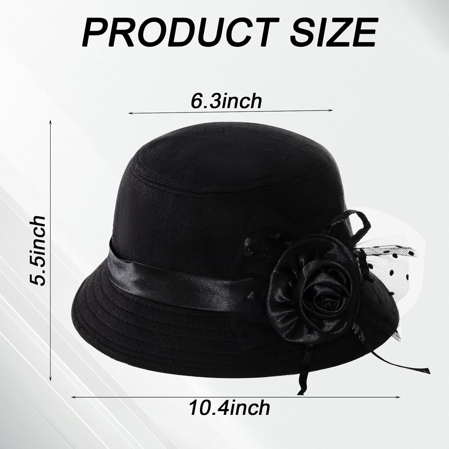 Vintage Felt Cloche Hat for Women Imitation Wool Flowers Bucket Cloche Bowler Hat Flat Brim Inner Lining Winter Spring Autumn Wedding Tea Parties Daily Wear Black - Image 2