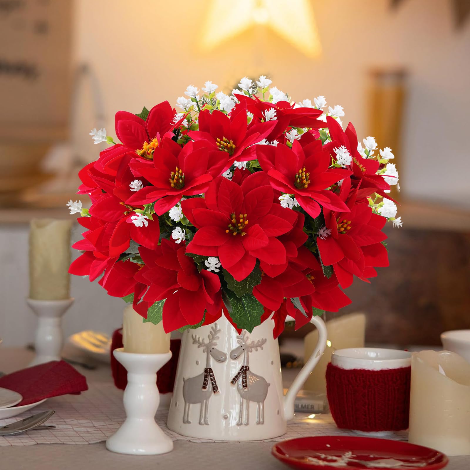 14'' Artificial Poinsettias Flowers for Outdoor,12 Bunches Mixed Fake Red Flowers Faux Eucalyptus Plants UV-Resistant for Home Garden Porch Christmas Winter Spring Outdoor Indoor Decor