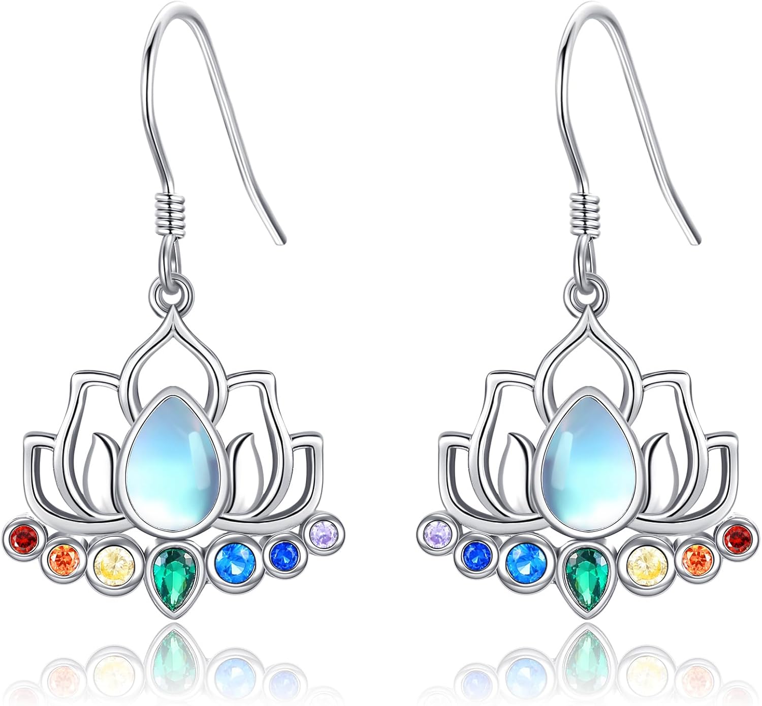 ONEFINITY Chakra Lotus Earrings 925 Sterling Silver Chakra Lotus Dangle Drop Earrings Moonstone Yoga Jewelry for Women