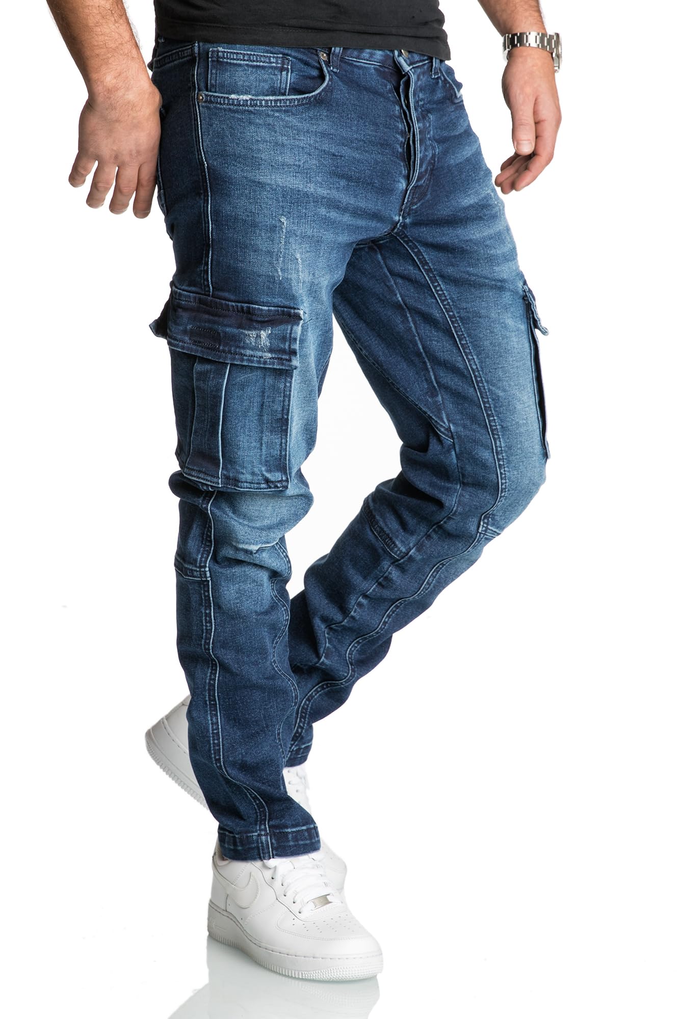 REPUBLIX Herren Cargo Jeans Regular Slim Denim Hose Destroyed R7977