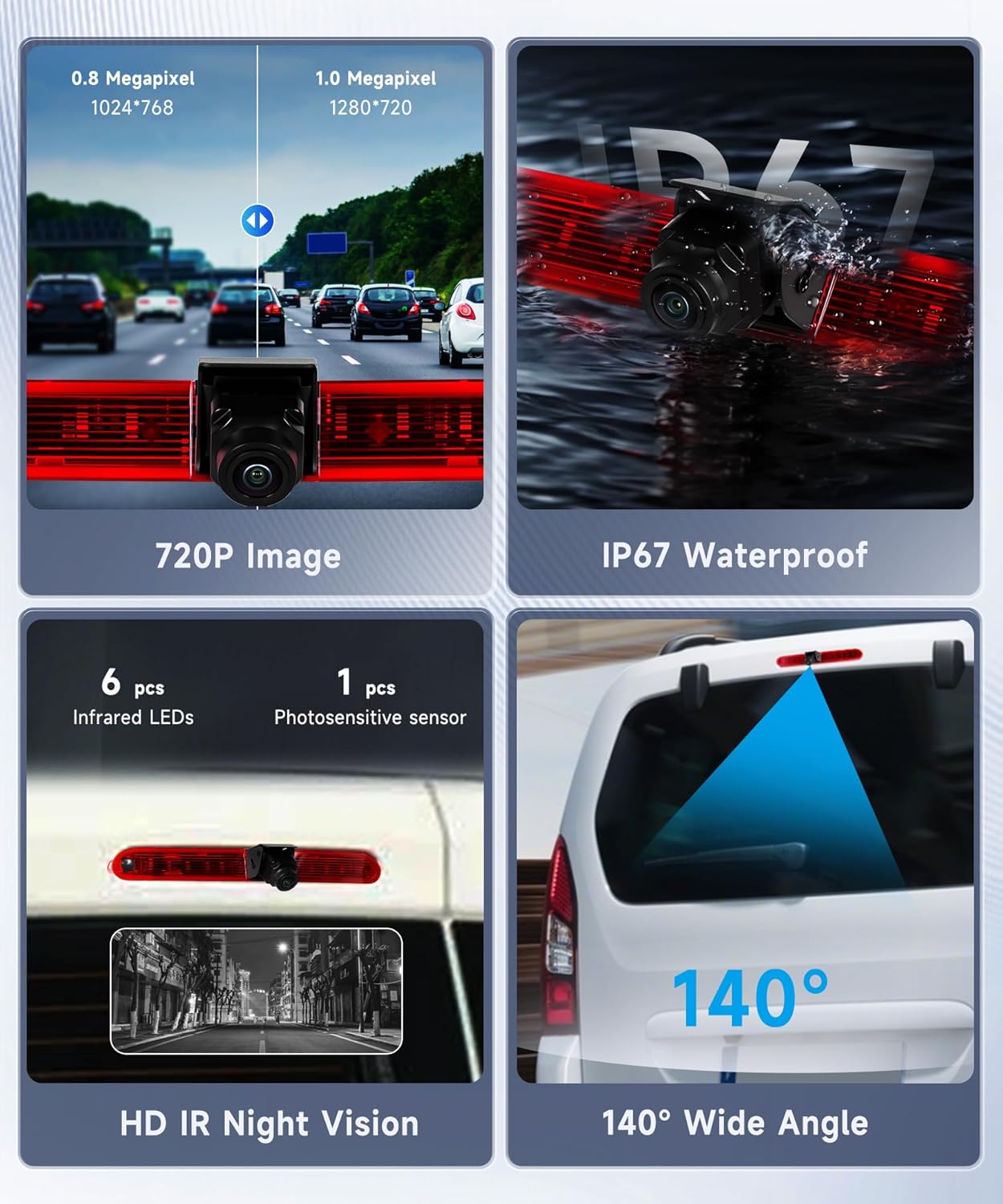 Collage of features including 720P image quality, IP67 waterproof rating, HD IR night vision with 6 infrared LEDs, and a 140-degree wide angle view.