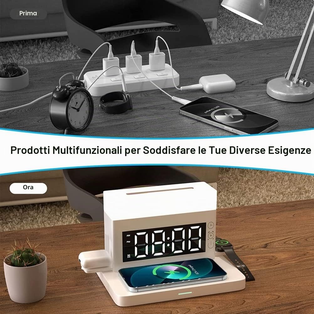 Stazione di ricarica wireless 6 in 1 con luce notturna a LED Sveglia digitale 18W Ricarica rapida compatibile per 13/12/11/Pro/SE/XS/XR/X/8Plus/8/ Galaxy/iWatch/AirPods