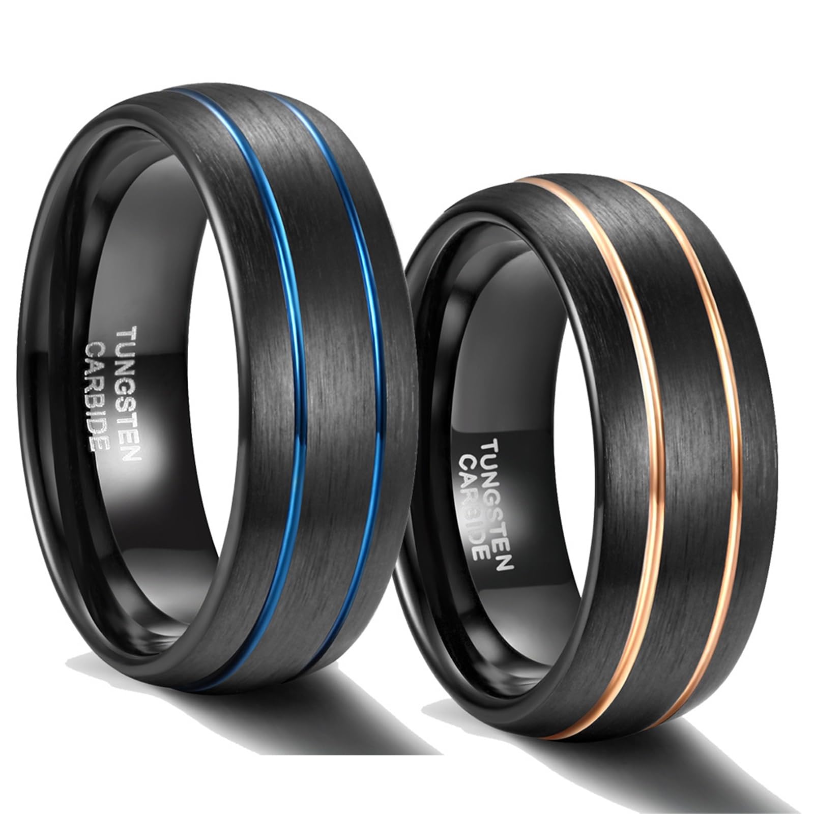 Pierścionek męski Wolfram, obrączki ślubne, obrączki ślubne, 8 mm, duże, dwukolorowe, szczotkowane z podwójnym rowkiem, czarno-niebieskie, rozmiar 75