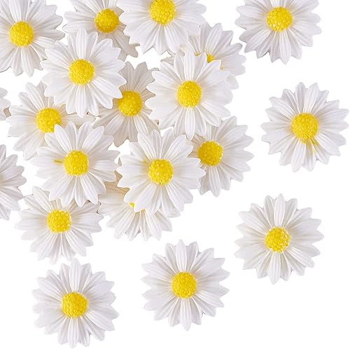 LiQunSweet 20 dijes de margaritas blancas con parte trasera plana de 0.906 in, mini cuentas sin perforar, margaritas artificiales decoradas para