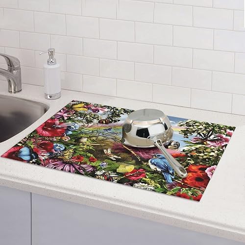Miniatura 7 de Tapete de secado de platos con diseño de flores de pájaro para encimera de cocina, extra grande, absorbente, microfibra de secado rápido, accesorios