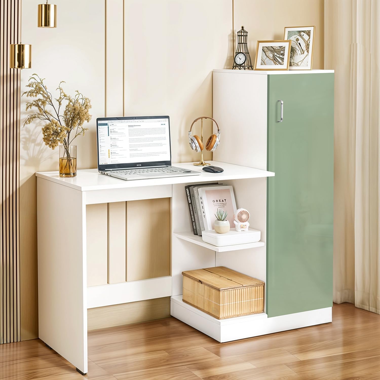 ABOUT SPACE Study Table with Cabinet - Computer Table with Bottom Storage Space DIY Engineered Wood Office Desk with Adjustable Shelves for PC Laptop Gaming (White, Green-L 125 x B 45 x H 121.5cm)-image-33