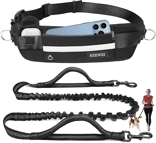 Correa para perro manos libres con bolsa con cremallera, correa elástica reflectante retráctil de doble asa para perros pequeños y medianos, correr,