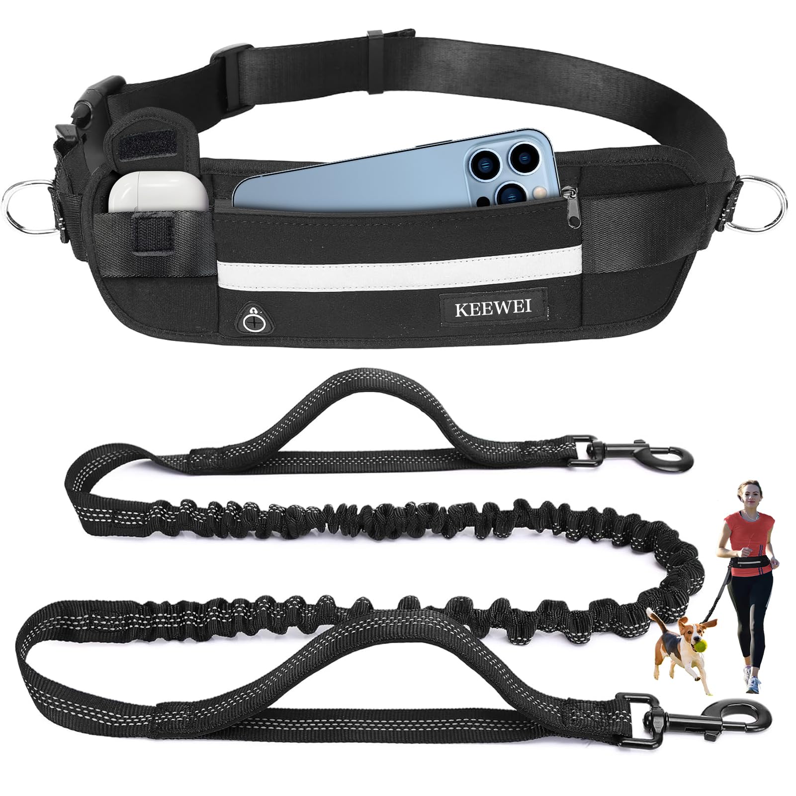 Hands Free Dog Leash with Zipper Pouch, Dual Handle Retractable Reflective Heavy Duty Bungee Leash for Small & Medium Dog Running Walking Jogging Training Hiking, Black