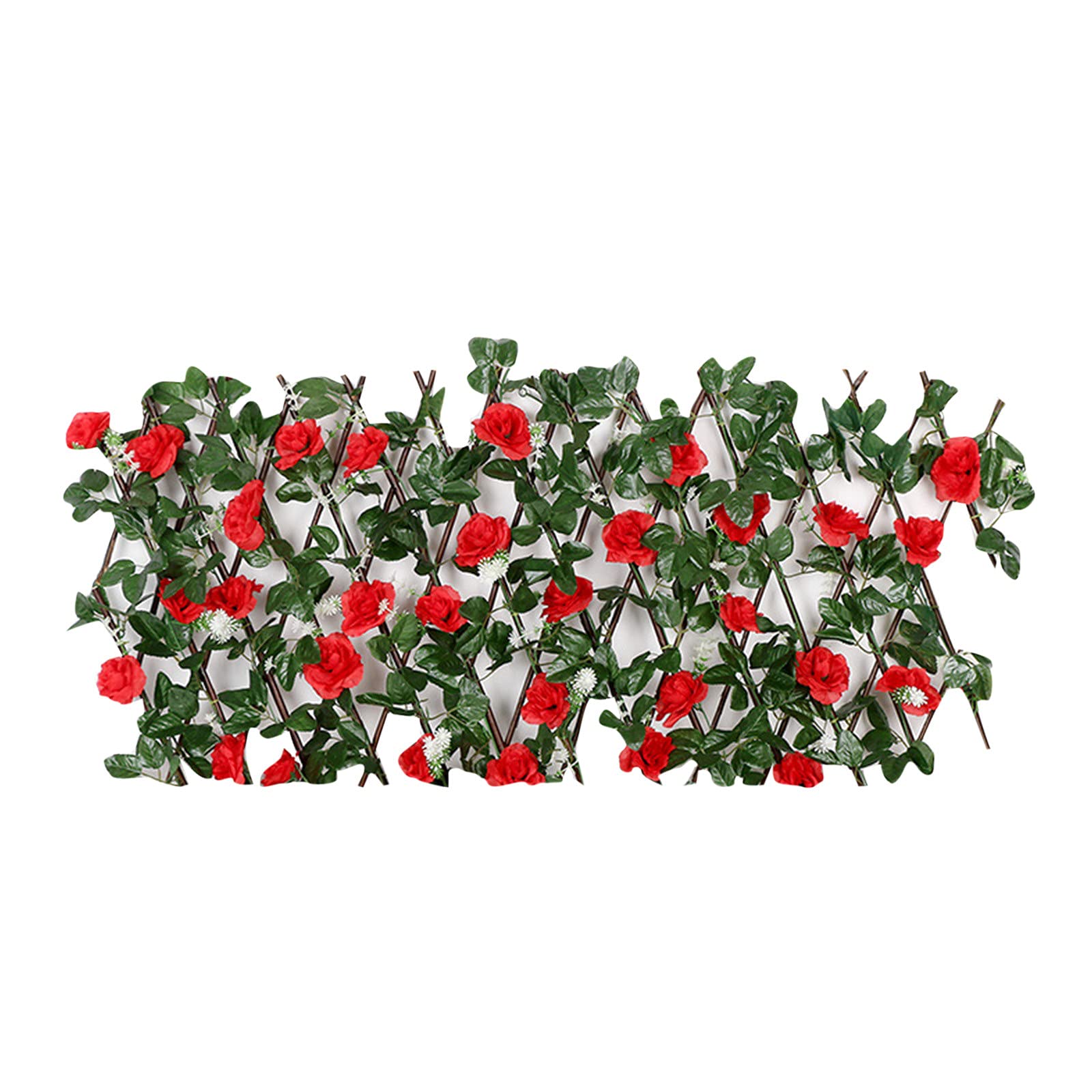 Artificial Ivy Privacy Fence Screen, Expanding Trellis Fence Retractable Fence with Leaves and Flower, Fence Decorations for Wall Garden (Red)