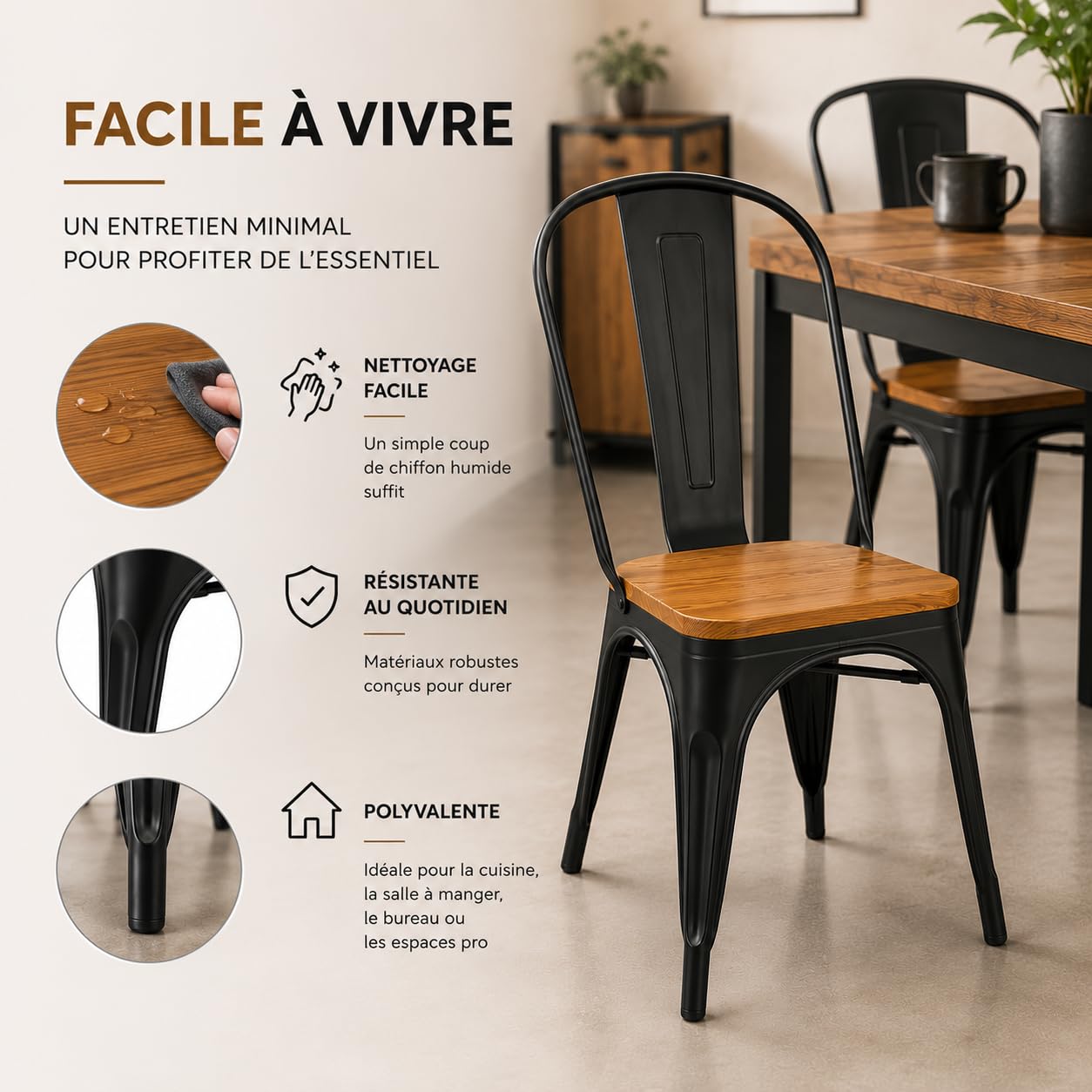 Kosmi - Lot de 4 chaises Style Industriel en métal Noir Mat et Assise en Bois Clair