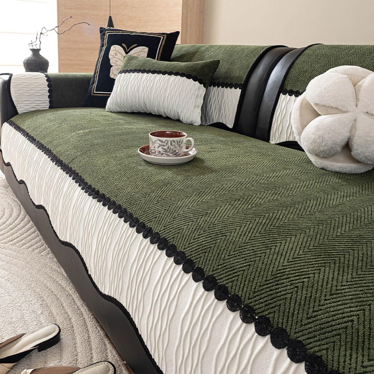ZGWRYI Soft Chenille Sofa Couch Cover Striped Weave Textured, Sectional Couch Covers Washable Anti-Slip Sofa Slipcover for Dogs Pet,Suitable for all seasons(Green,110x210cm)