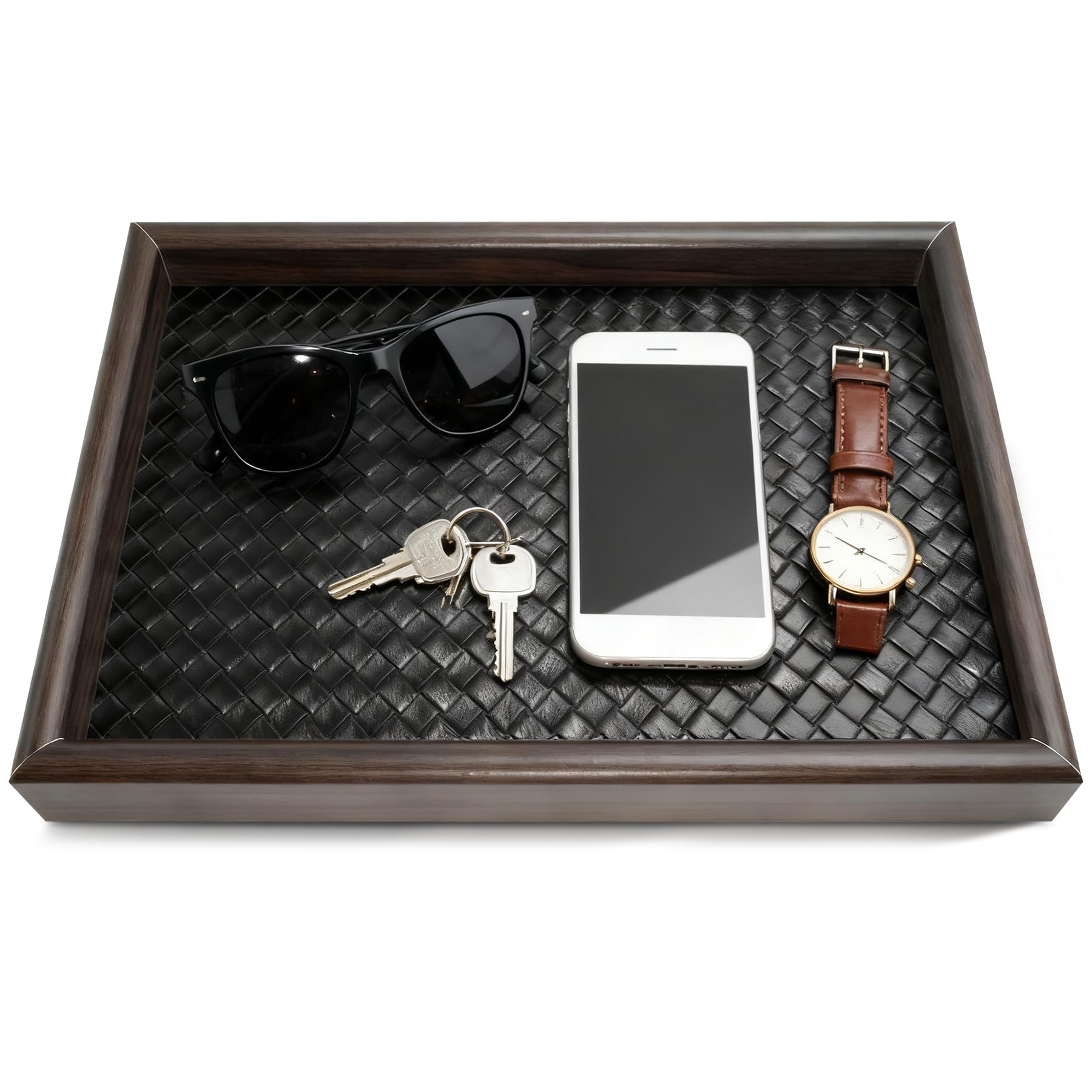 Photo 1 of ** SOLD AS IS NO REFUND/RETURN** SEE COMMENT!
Wooden Valet Tray Desk Organizer with Leather Base,Nightstand, Entryway Bedside Dump Holder for Wallets, Keys, Watches, Jewelry & Sunglasses