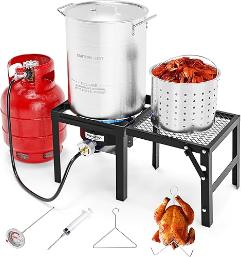 ROVSUN Freidora de pavo de 30 cuartos de galón con estufa de gas propano de 54000 BTU, freidora de aluminio para exteriores y caldera de mariscos