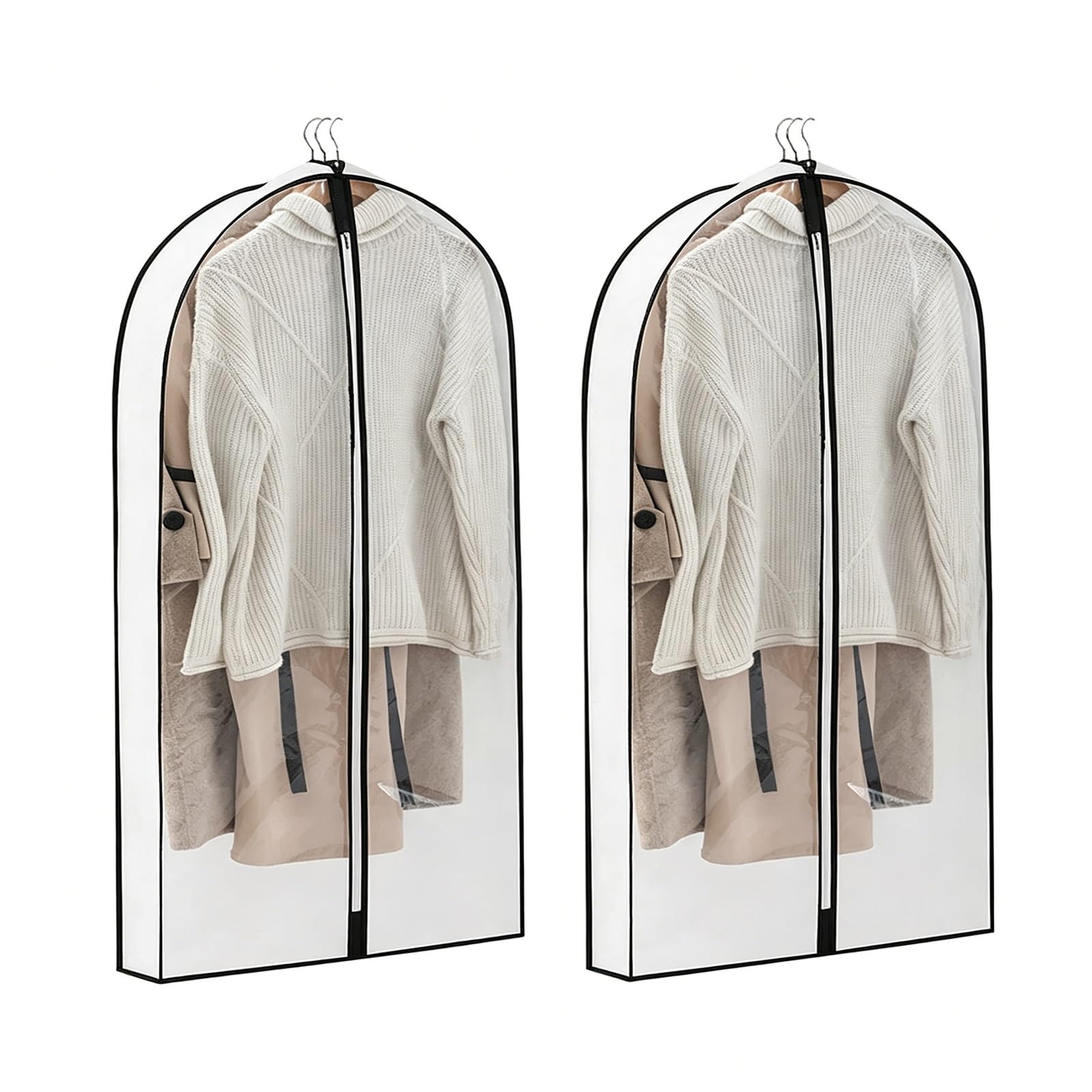 2 Pack Garment Bags for Hanging Clothes, Suit Bag, Non Woven Fabric Transparent Window for Suits Trench Coats and Formal Wear(White,60 * 16 * 150cm/24 * 6 * 60in)