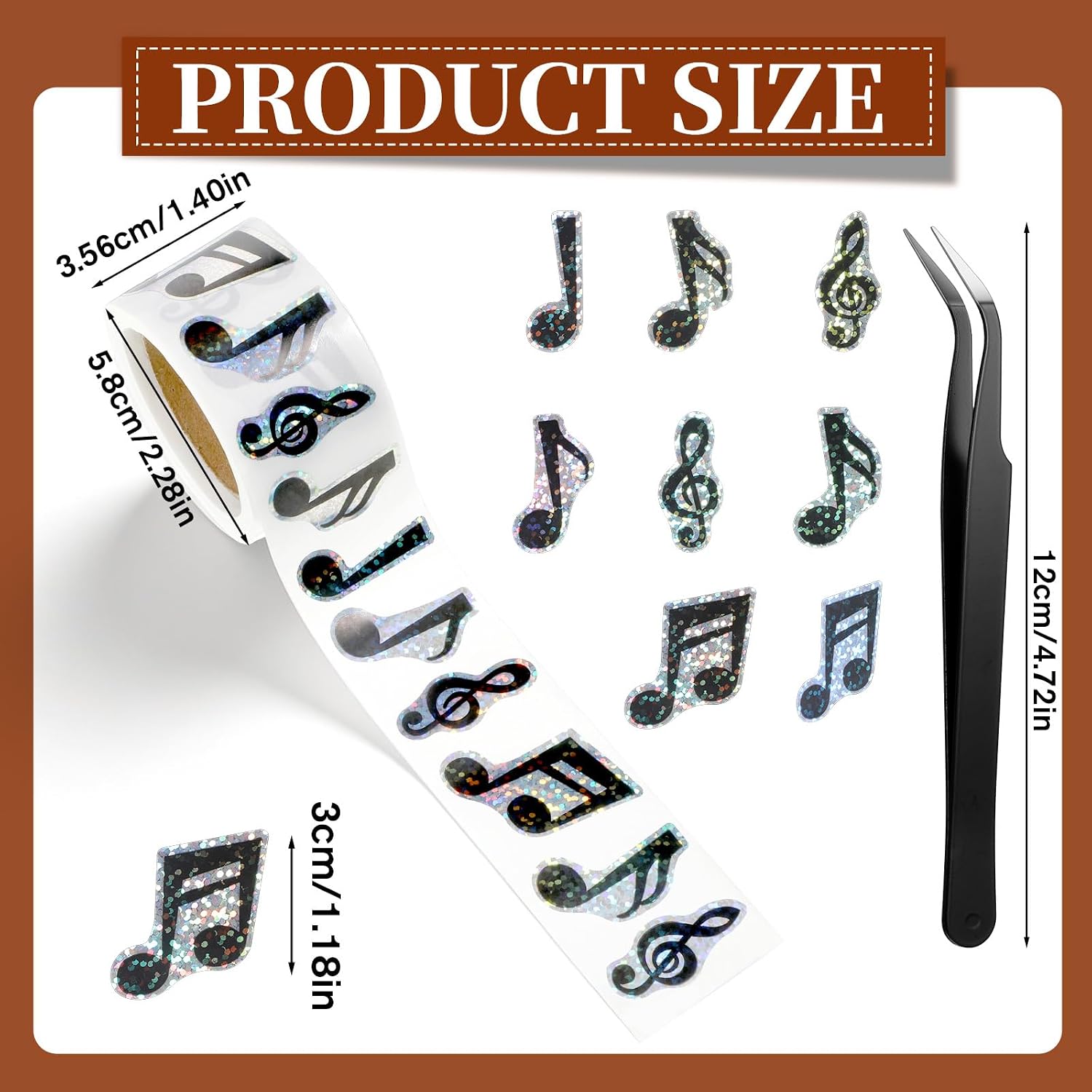 1 Roll 500 Pcs Music Note Stickers, Holographic Laser Musical Stickers with Tweezer Waterproof Self Adhesive Music Decals for Scrapbook Notebook Laptop Envelope Journal Bottles Cards Party Decor