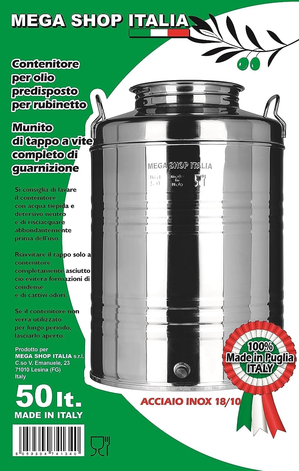 Megashopitalia Contenitore Bidone Fusto per Olio in Acciaio Inox 18/10 Predisposto per Rubinetto da 1/2" 50 LT