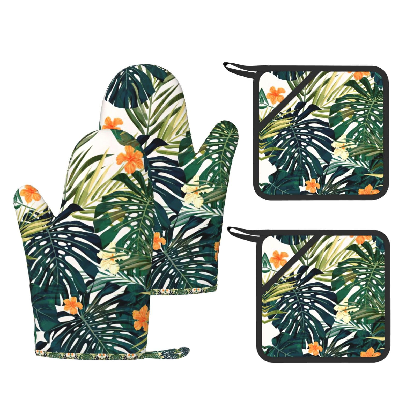 Tropical Summer Hawaiian Flower Palm Leaves Trendy Printed Kitchen Set with Heat Resistant Gloves & Non-Slip Hot Pads for Baking & Grilling