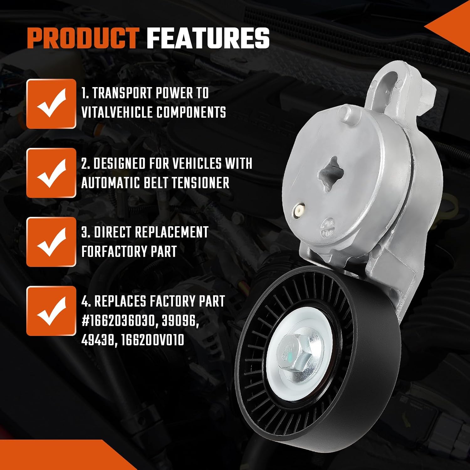 1662036030 Belt Tensioner Assembly with Pulley Fit for Camry 2010-2011 2.5L Replace Part# 166200V010 39096 49438