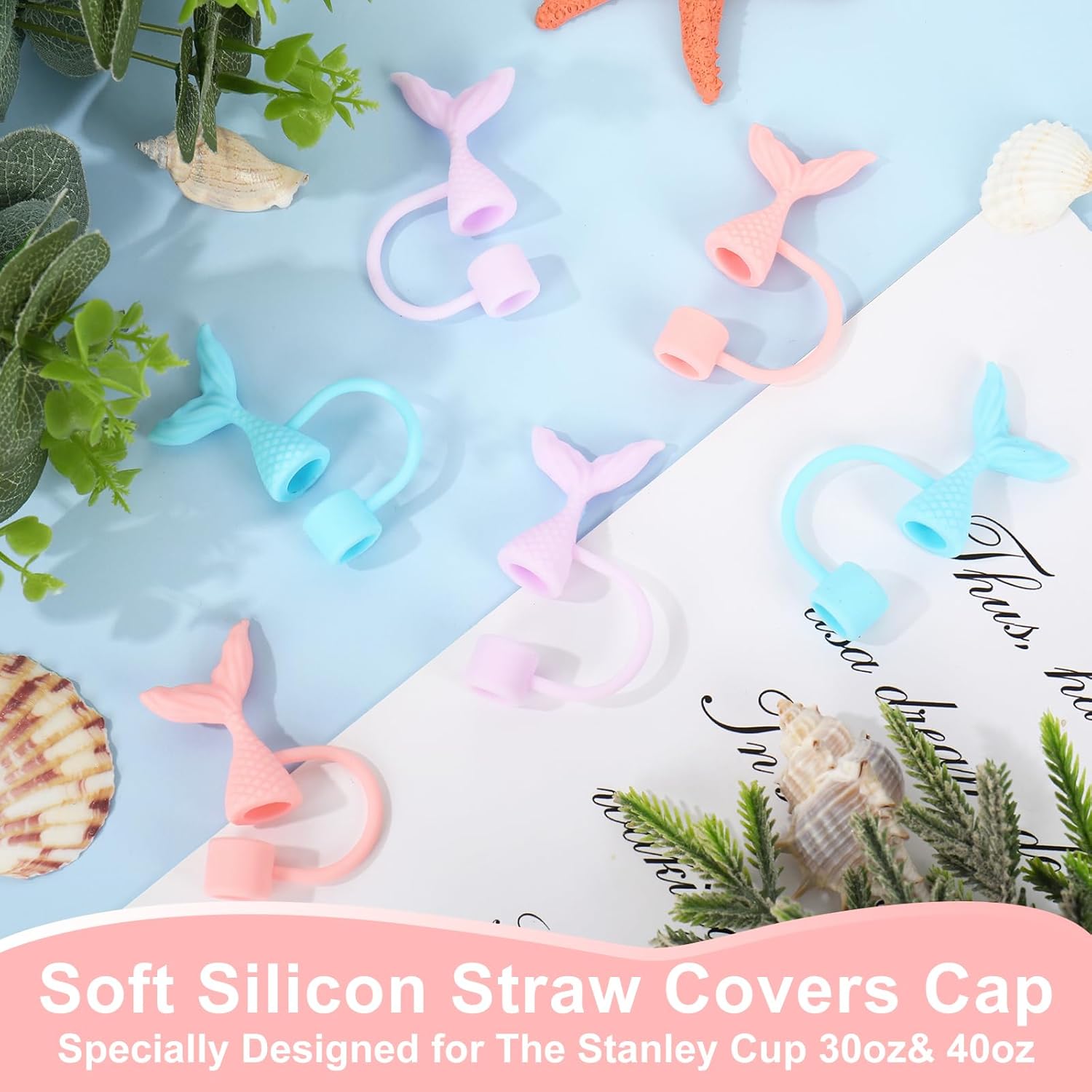 Whaline 6Pcs Summer Mermaid Straw Cover Cap Purple Blue Pink Ocean Theme Reusable Silicone Straw Topper 10Mm/0.4Inch Straws Tip Lid Protector for 30/40 Oz Tumbler Cup Accessories - Image 3