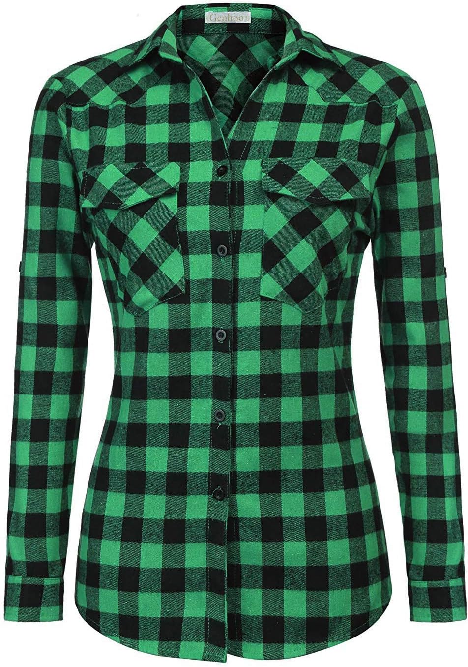 GenhooWomens Flannel Shirts Roll Up Long Sleeve Plaid Shirt Collared Button Down Gingham Casual Top S-4XL