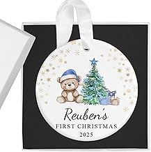 Personalised Baby's First Christmas Bauble - Custom 1st Xmas Ceramic Ornament, Keepsake - Gift Box Included - Ideal for New Baby Boys & Girls Tree Decoration (Blue Teddy Bear)