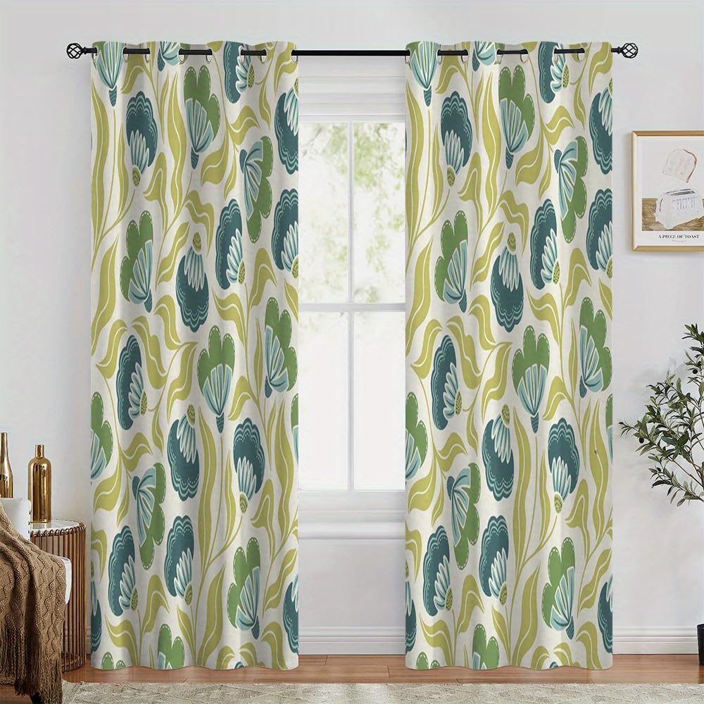 Rideaux occultants à 2 panneaux motif floral vert et bleu pour salon et chambre
