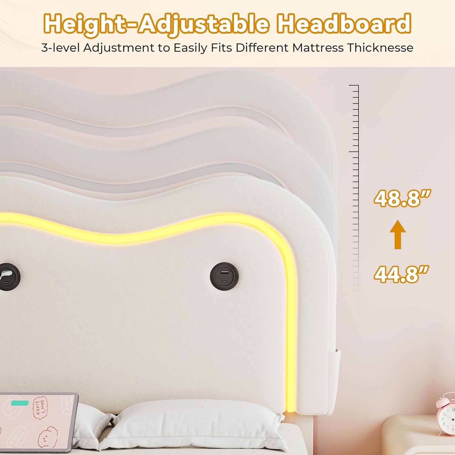 Twin Upholstered Bed Frame with Curved Headboard, Floating Bed Frame with LED Lights and Charging Station, Soft Rounded Corners, No Box Spring Needed, Easy Assembly, White