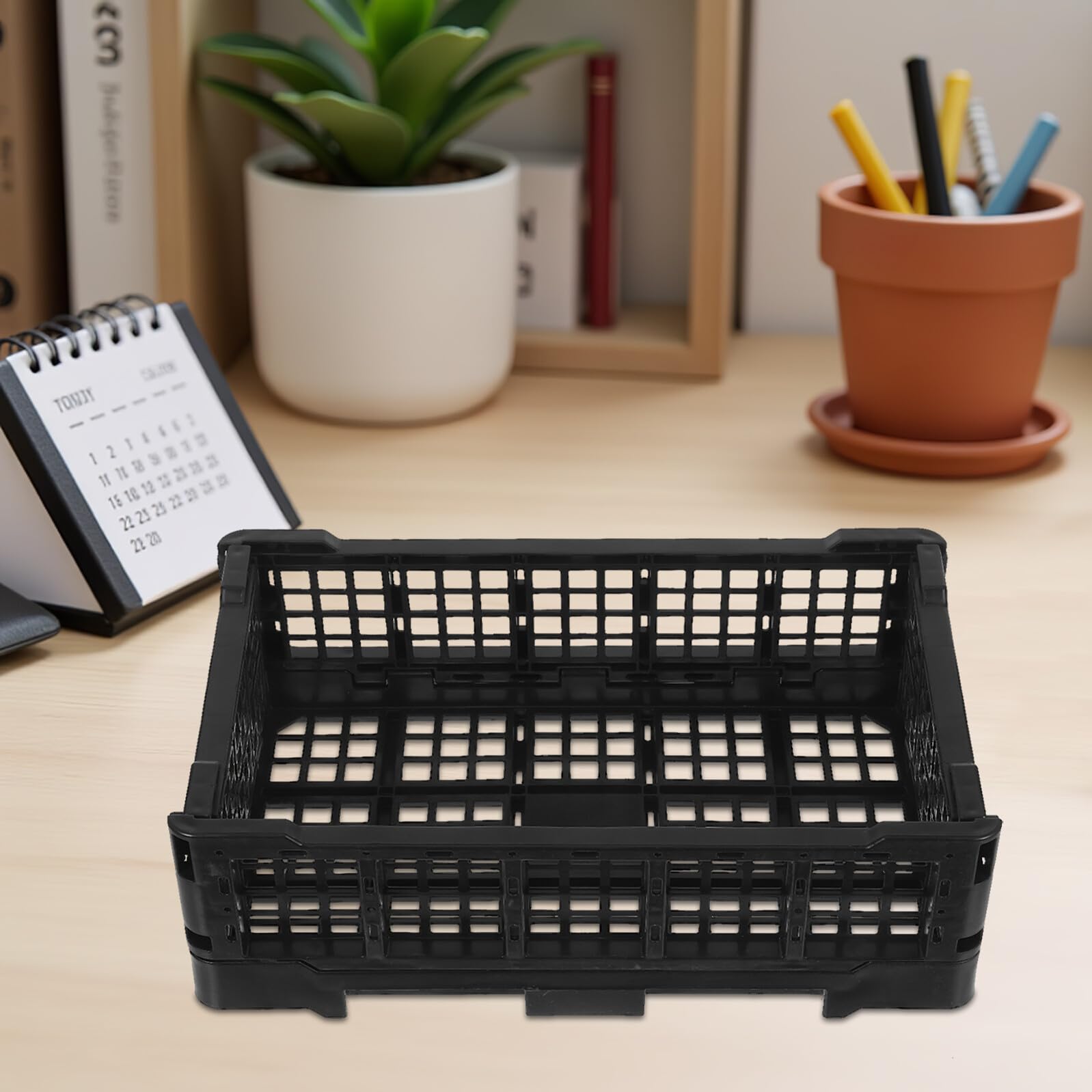 SHINEOFI Cesta de Plástico Plegable Negra de 2 Piezas para Baño y Oficina | Ligera y Plegable, Plástico Resistente, Formato Compacto para Armario y Estantes, Organización Práctica