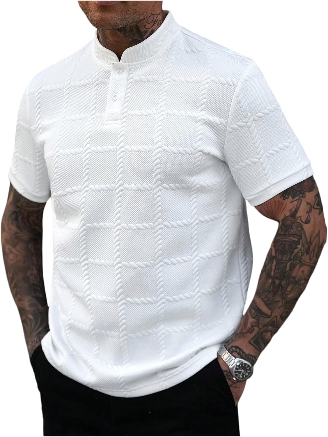 OYOANGLE Men's Short Sleeve Henley Shirts Mock Neck Half Button Textured Vacation Shirt Top - Image 6