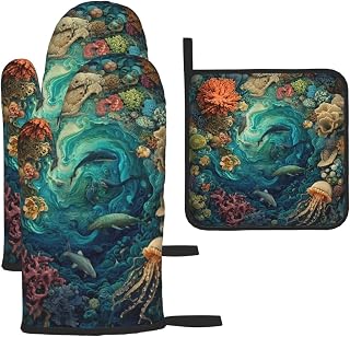 Oven Mitts and Pot Holders Sets Heat Resistant Thicken Long Kitchen Gloves Hot Pads Ocean Organism Oven Mitts Non-Slip Kitchen Mittens Potholders for Cooking Baking Grilling Housewarming Gifts