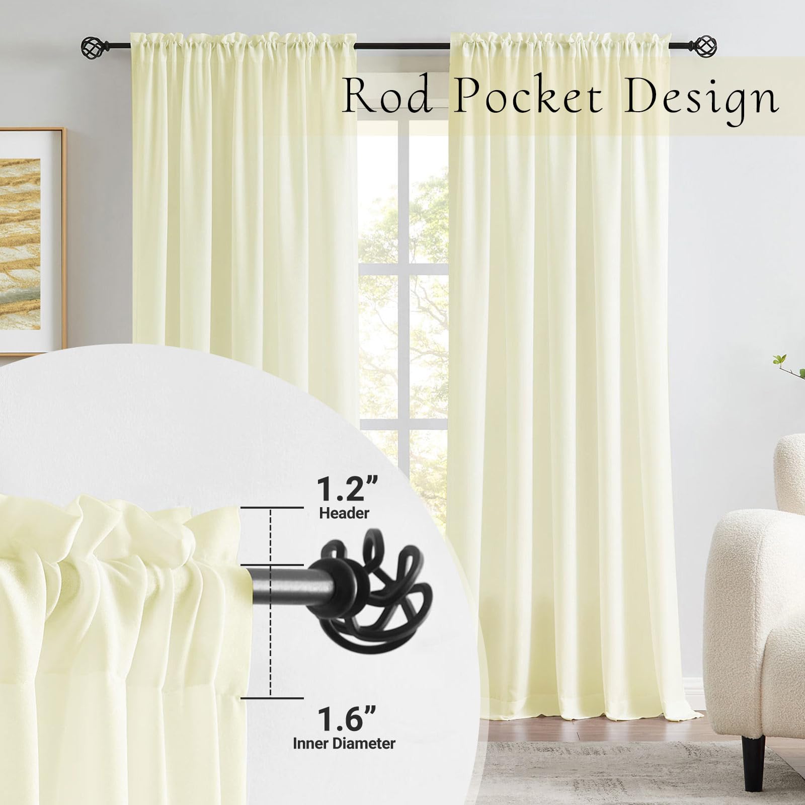 Melodieux Cream Yellow Velvety Semi Sheer Curtains 96 Inches Long for Bedroom Living Room Natural Cotton Texture Rod Pocket Window Sheer Drapes - Image 3